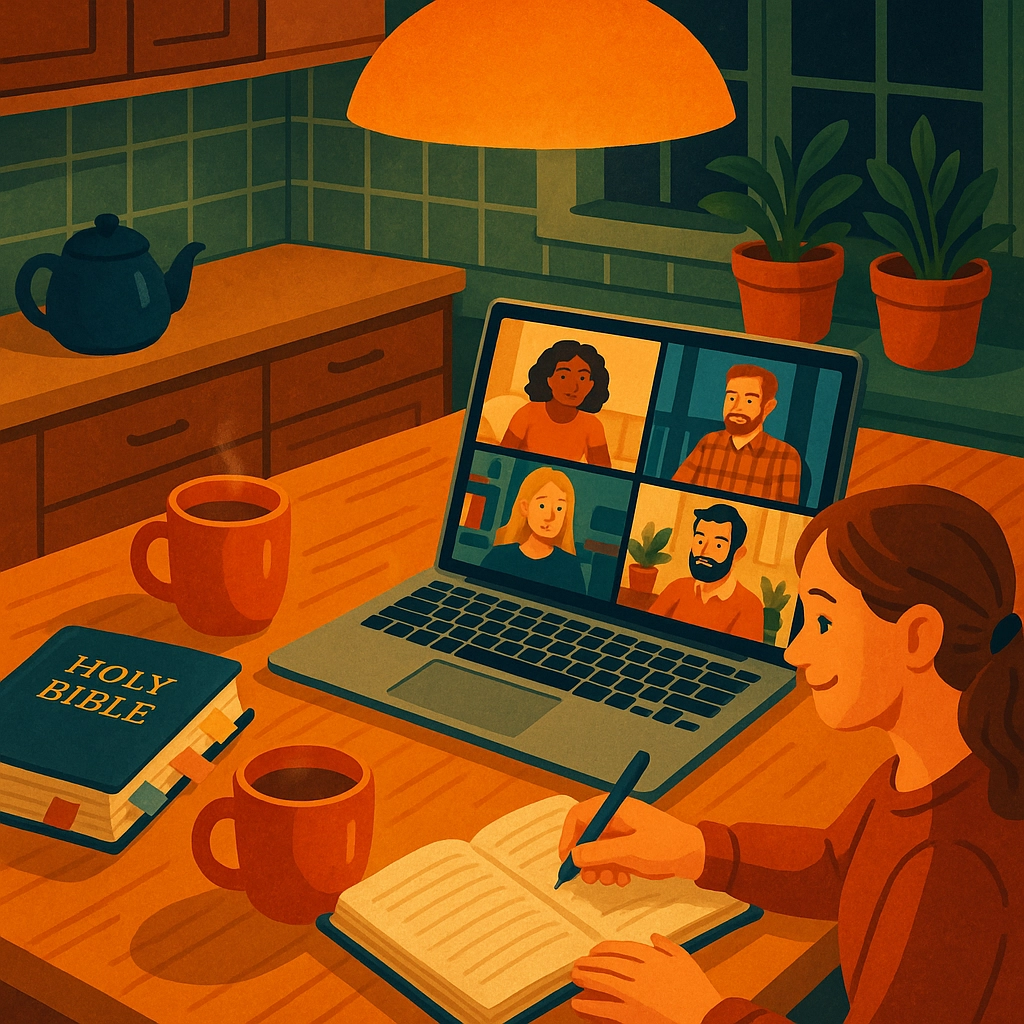 Illustration of interconnected people icons symbolizing a supportive online Christian network