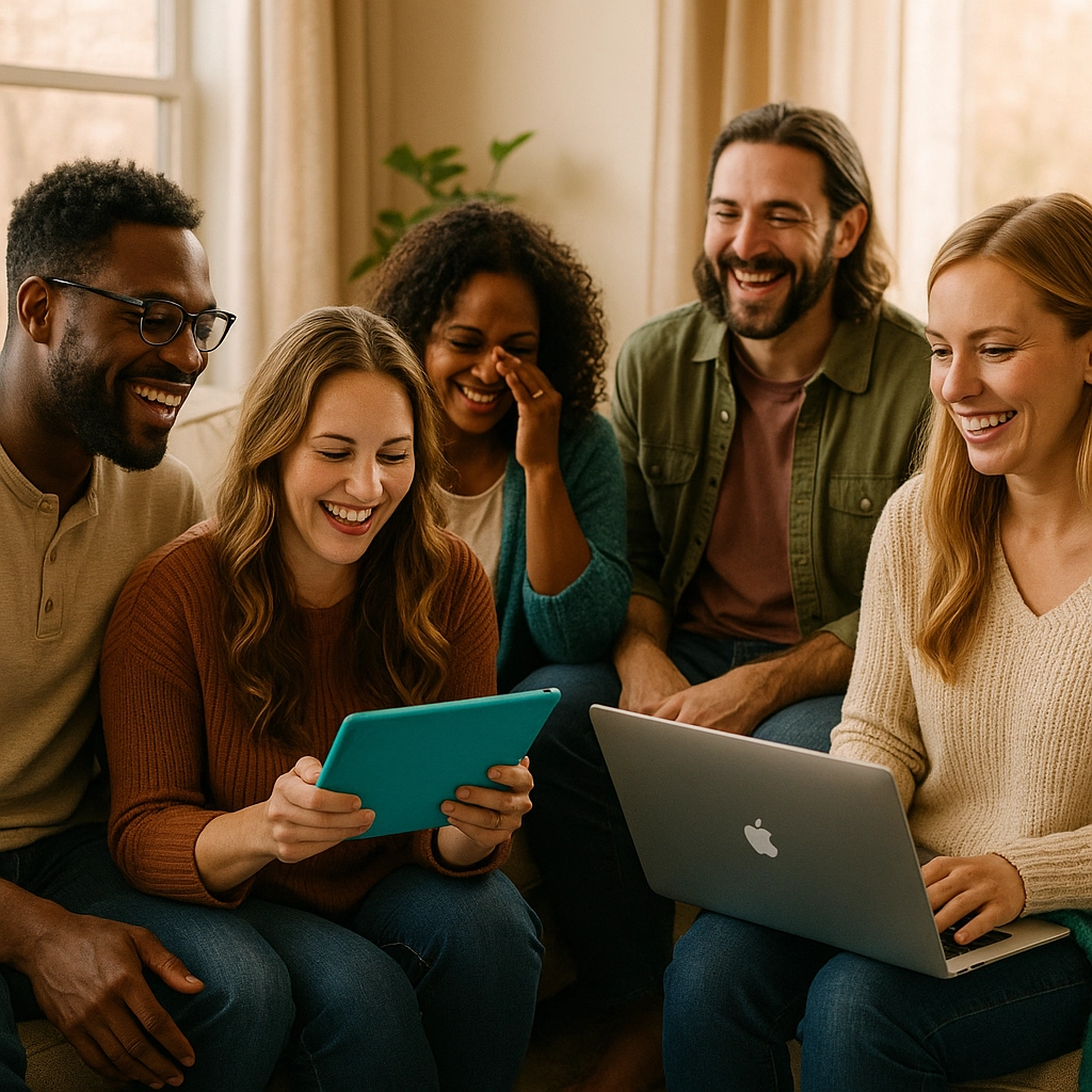 Christians gathered in an online video meeting, smiling and connecting over shared faith