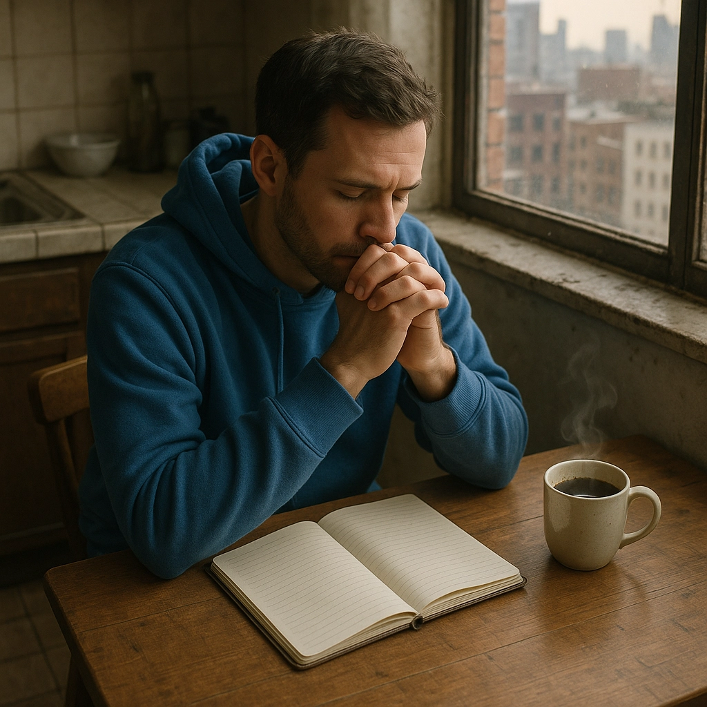 Man praying over an open journal with coffee by the window, practicing morning Christian devotion and reflection. Man praying over an open journal with coffee by the window, practicing morning Christian devotion and reflection.