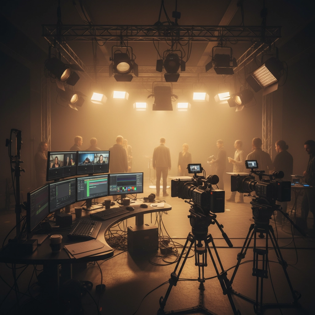 A bustling film studio captures the essence of production magic as a crew prepares for a scene under warm, professional lighting, surrounded by high-tech equipment and monitors.


