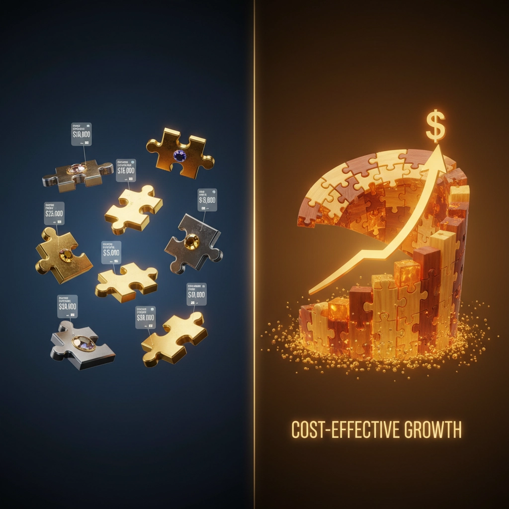 Visualizing the impact of strategic investments, puzzle pieces symbolize varying costs on the left, while a unified, rising graph illustrates cost-effective growth on the right.


