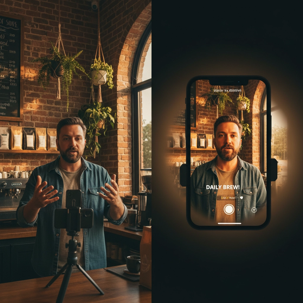 Barista hosts a live coffee brewing session, "Daily Brew," sharing tips and techniques against a cozy café backdrop.



