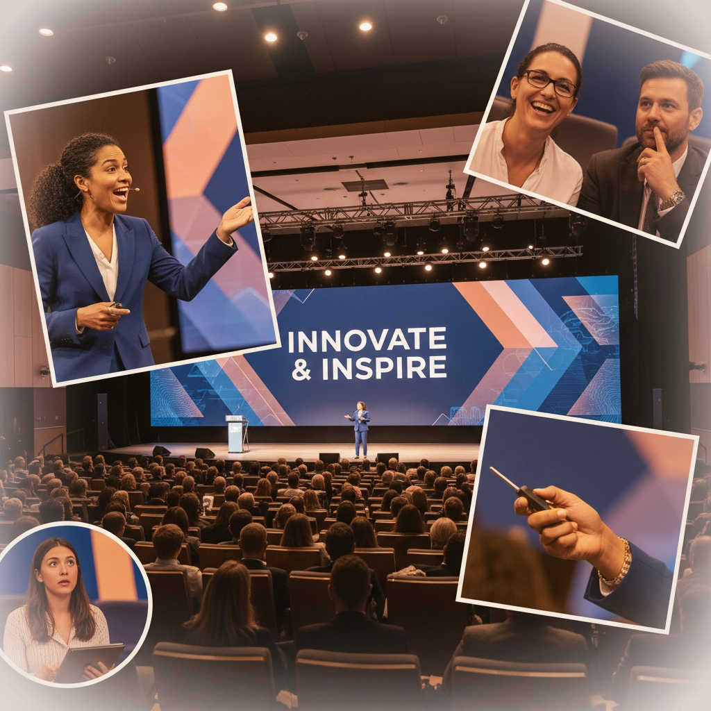 A speaker engages an audience at a conference, delivering a dynamic presentation titled "Innovate & Inspire." The audience listens attentively, with some capturing the moment digitally. The atmosphere is vibrant and focused on creativity and motivation.