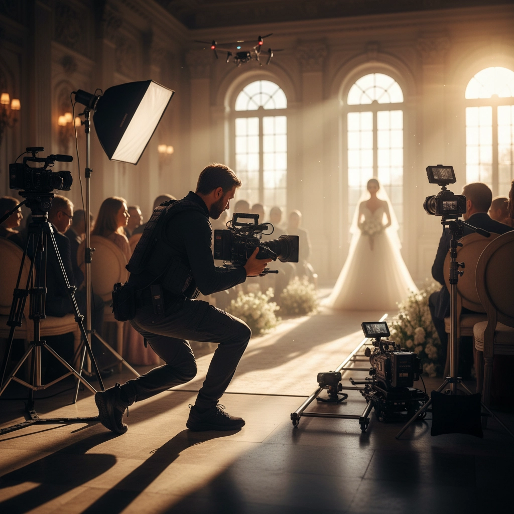 A dedicated videographer captures the magical moment of a bride walking down the aisle, with cinematic lighting and advanced equipment enhancing the grandeur of the wedding ceremony.