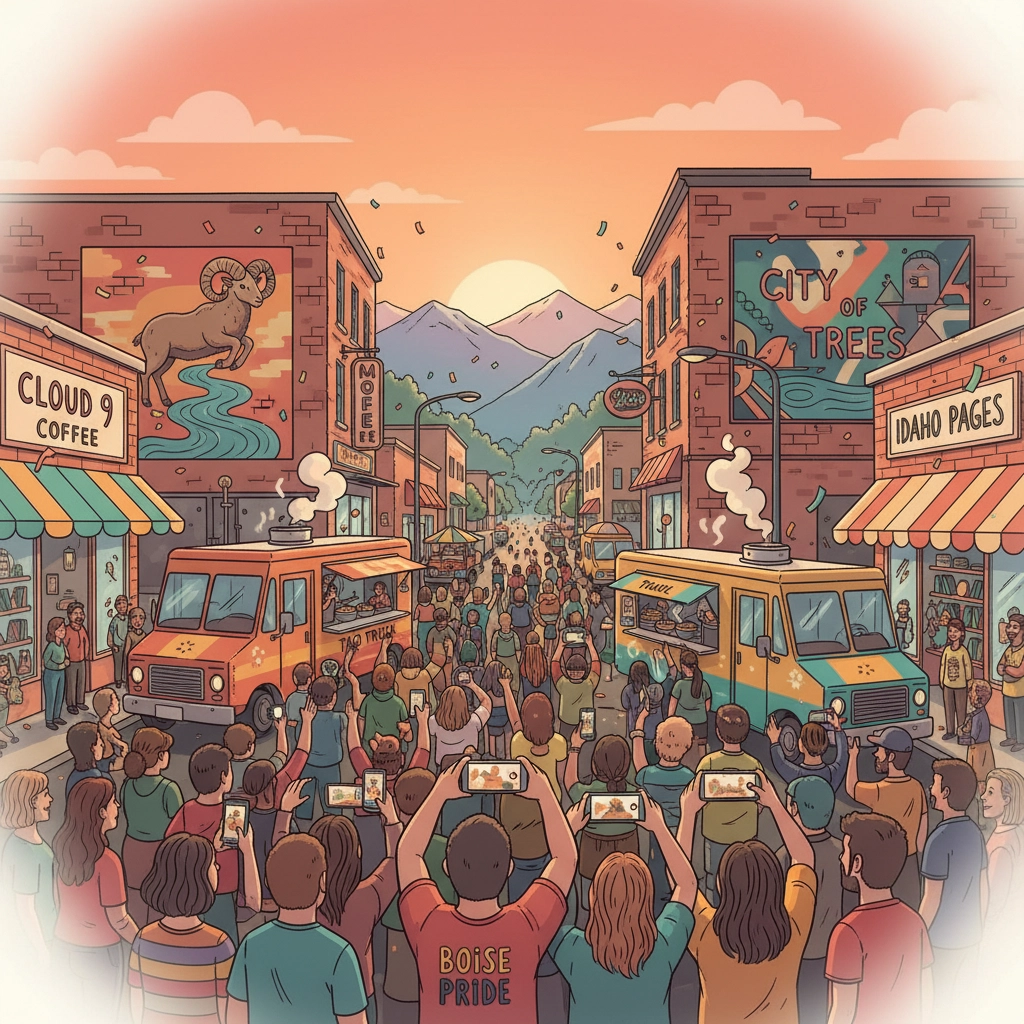 Crowds gather in a vibrant city street, capturing the lively parade on their phones. The scene is set against a picturesque sunset with mountains in the background. Buildings are adorned with murals and storefronts like Cloud 9 Coffee and Idaho Pages. Food trucks line the street, contributing to the festive atmosphere, and a sense of community pride is palpable.


