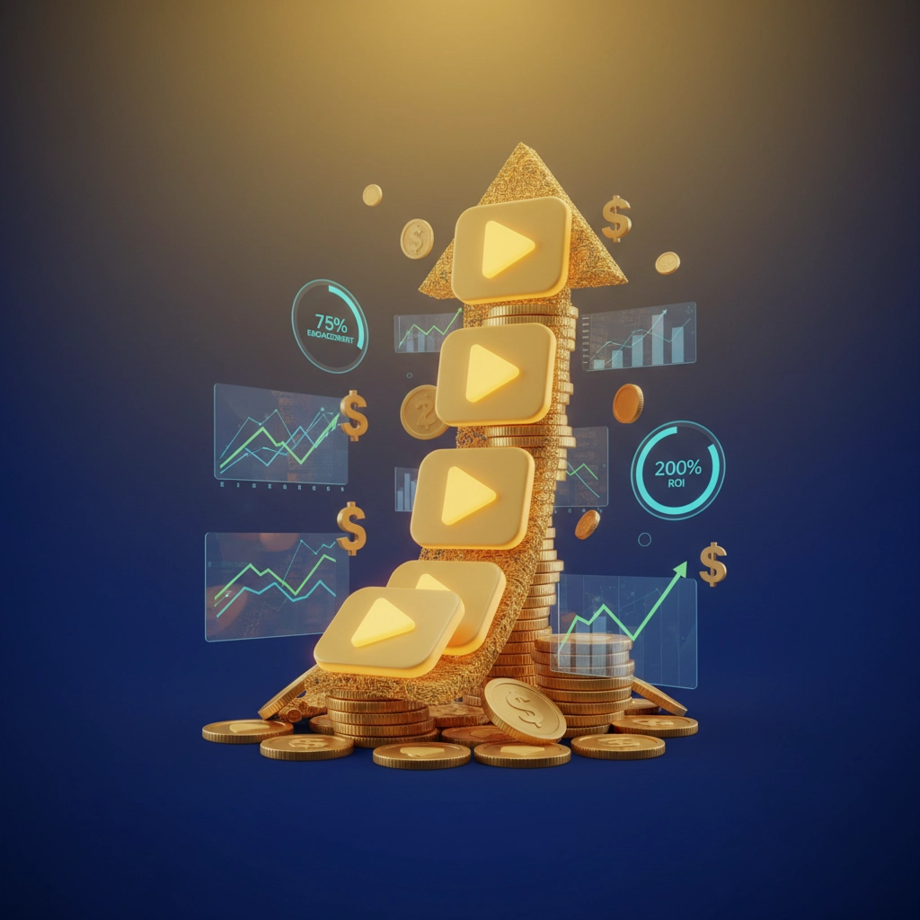 Golden coins and play buttons form an upward arrow, symbolizing investment growth. Data visuals with percentages and ROI illustrate financial success and expansion.


