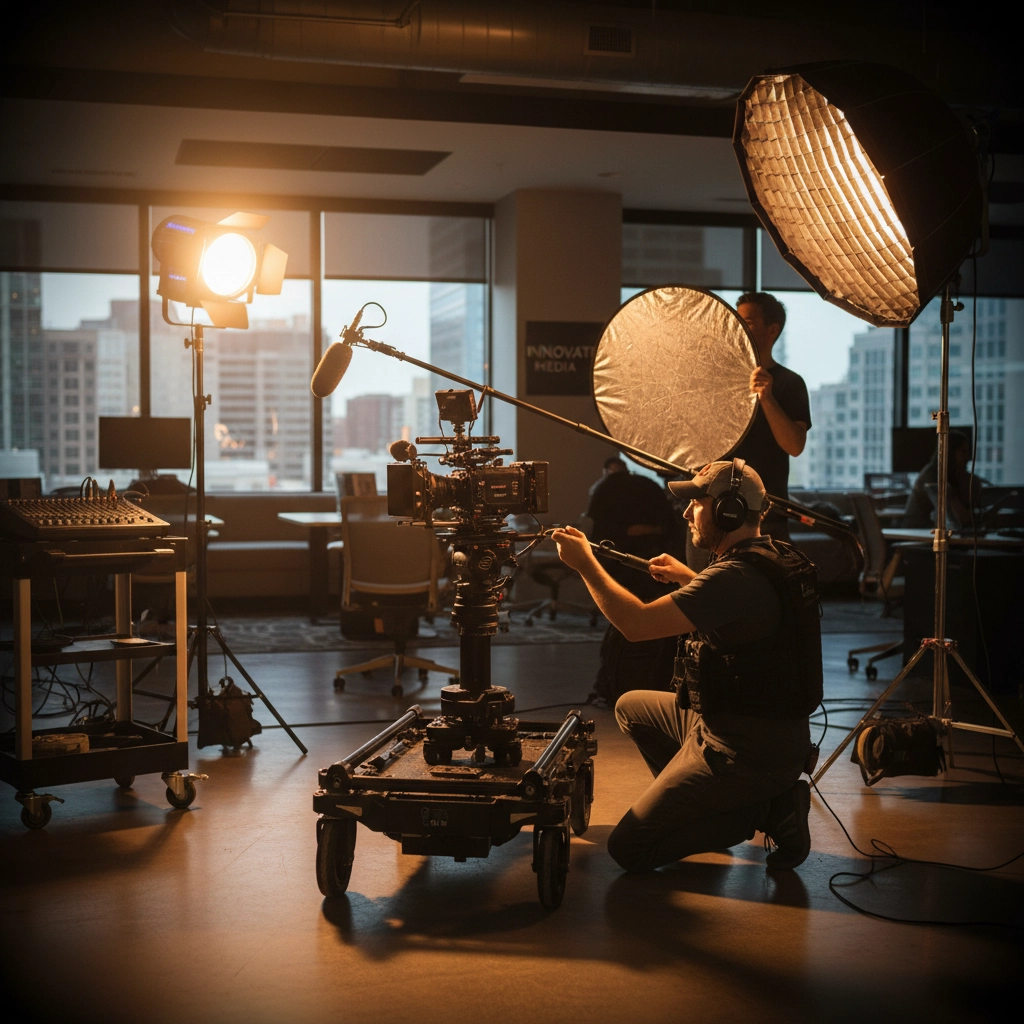 A film crew sets up a sophisticated indoor studio with professional camera equipment, lighting, and audio gear, preparing for a shoot against a backdrop of city skyscrapers.


