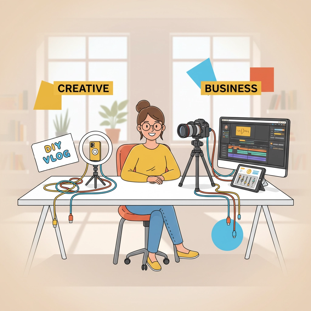 A young, creative entrepreneur sits confidently at her desk, preparing to film a DIY vlog. Surrounded by professional camera equipment and video editing tools, she embodies the blend of creativity and business acumen necessary for successful digital content creation.


