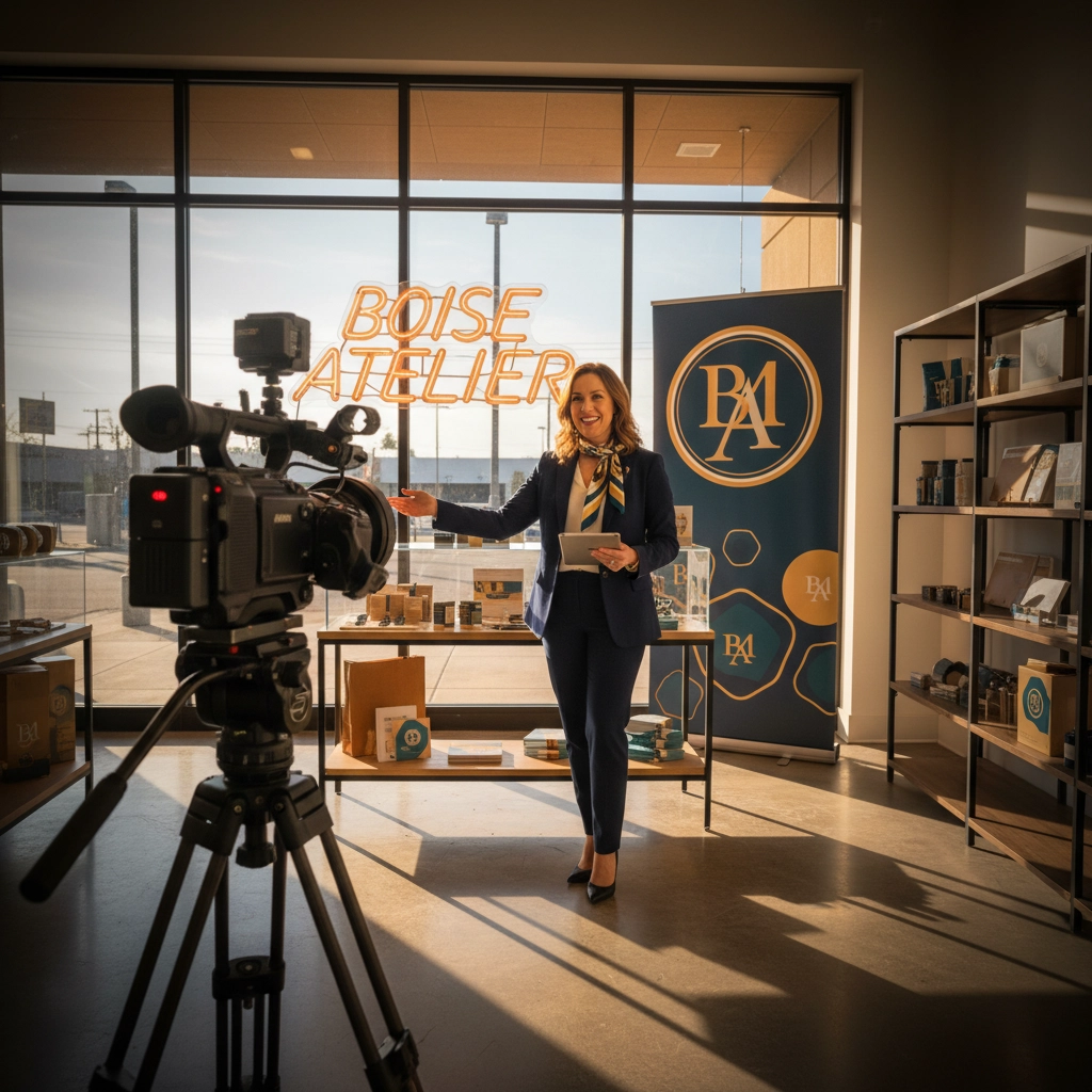 In a stylish studio setting at Boise Atelier, a poised host presents a live segment in front of a professional camera, capturing the essence of a dynamic broadcast environment.


