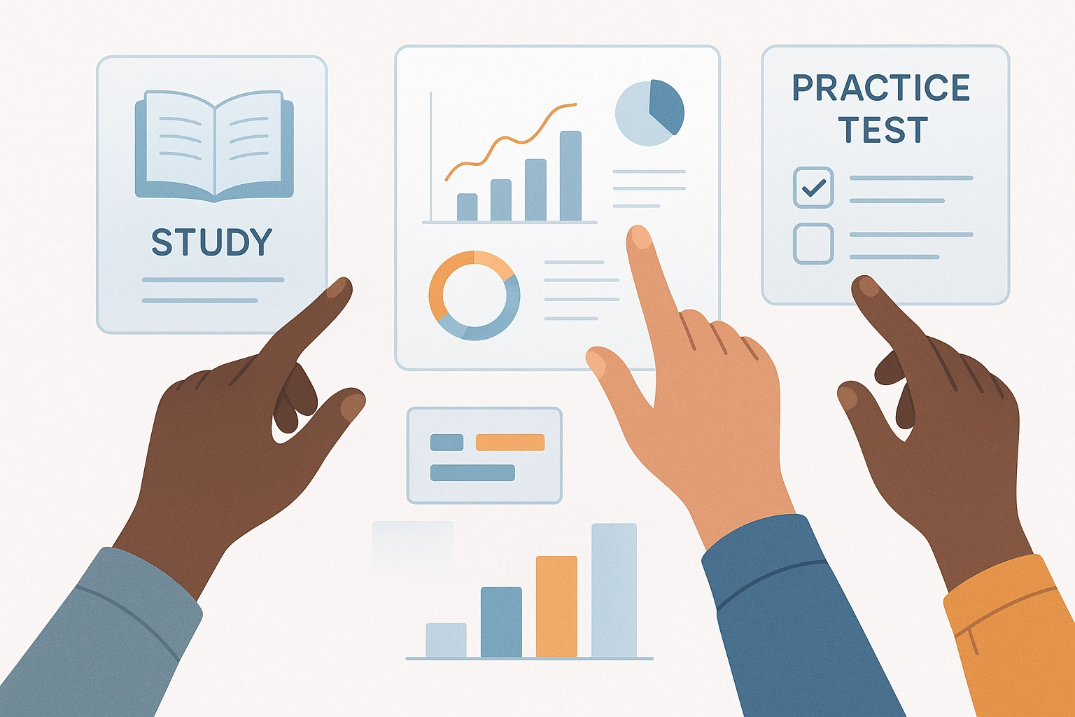 Progress review — inclusive, minimal flat design with soft blue and orange accents
